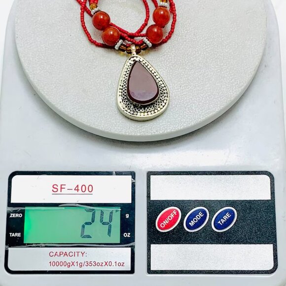 Red Beaded Pendant Necklace, Ethnic Unique Necklace, Beaded Chain Handmade - Picture 8 of 8